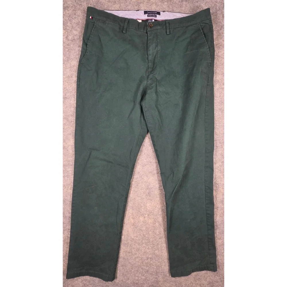 Tommy Hilfiger Mens Regular Fit Stretch Chino Pants Green 36/32 Flat Front